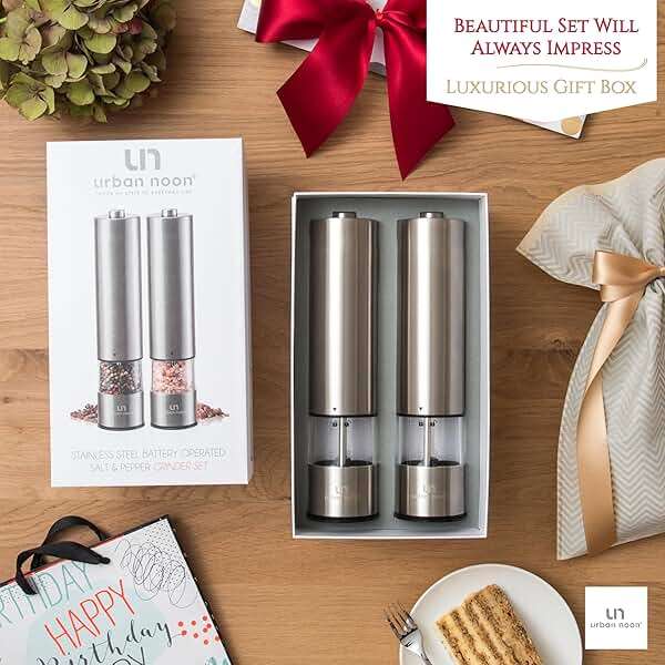 Urban Noon Electric Salt and Pepper Grinder Set (2 Mills, 8.1" Tall) - One-Handed Push-Button Mills with LED Light, Adjustable Ceramic Coarseness, Gift-Ready Box, 1-Year Warranty - Stainless Steel - Image 6