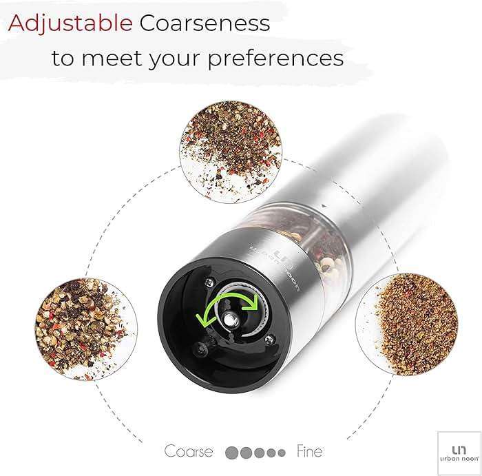 Urban Noon Electric Salt and Pepper Grinder Set (2 Mills, 8.1" Tall) - One-Handed Push-Button Mills with LED Light, Adjustable Ceramic Coarseness, Gift-Ready Box, 1-Year Warranty - Stainless Steel - Image 7
