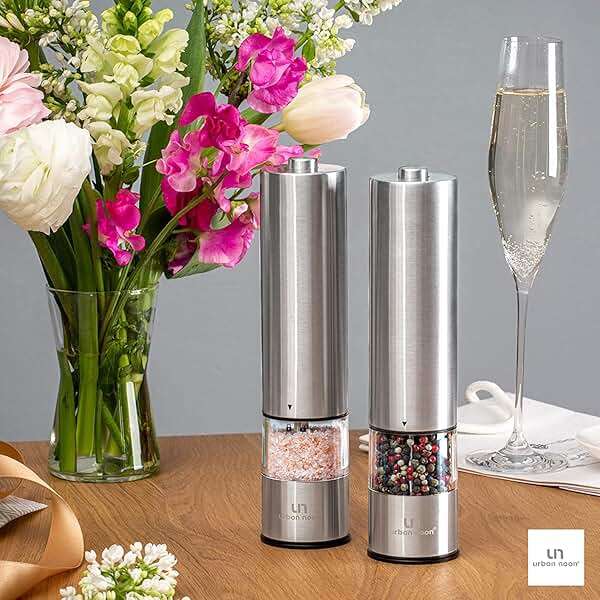 Urban Noon Electric Salt and Pepper Grinder Set (2 Mills, 8.1" Tall) - One-Handed Push-Button Mills with LED Light, Adjustable Ceramic Coarseness, Gift-Ready Box, 1-Year Warranty - Stainless Steel - Image 8
