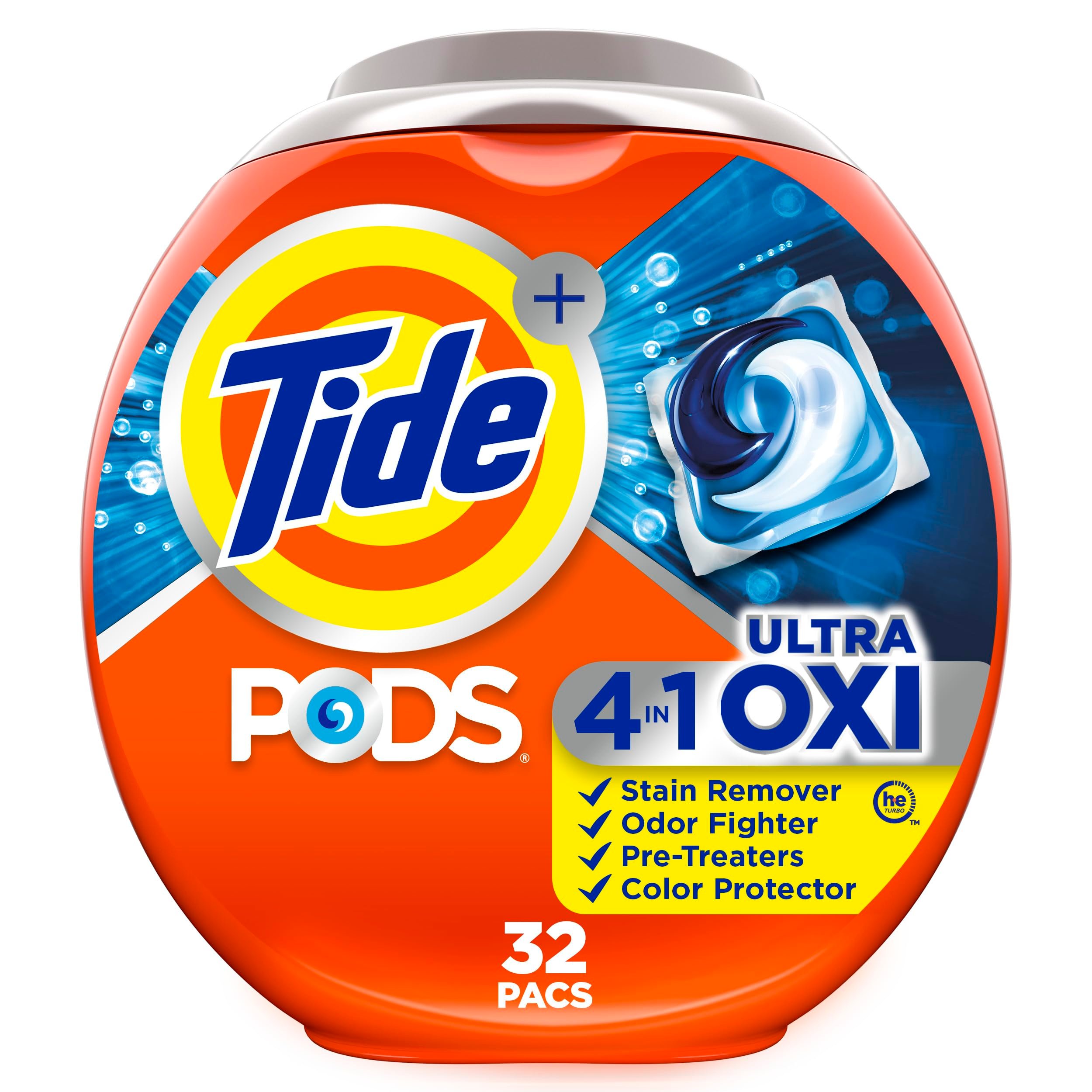Tide, 4-n-1 Ultra Oxi Pods Laundry Detergent Pacs, HE Compatible, Built in Pre-Treater for Stains, 32 Count - Product Image
