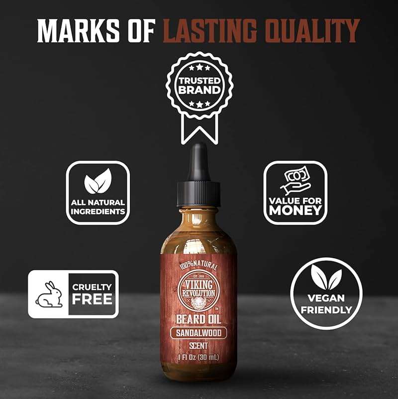 Viking Revolution Beard Oil for Men - Natural Mens Beard Oil with Argan Oil and Jojoba Oil - Beard Softener, Strengthens and Moisturizes - Beard Conditioner for Men (Sandalwood, 1 Pack) - Image 5