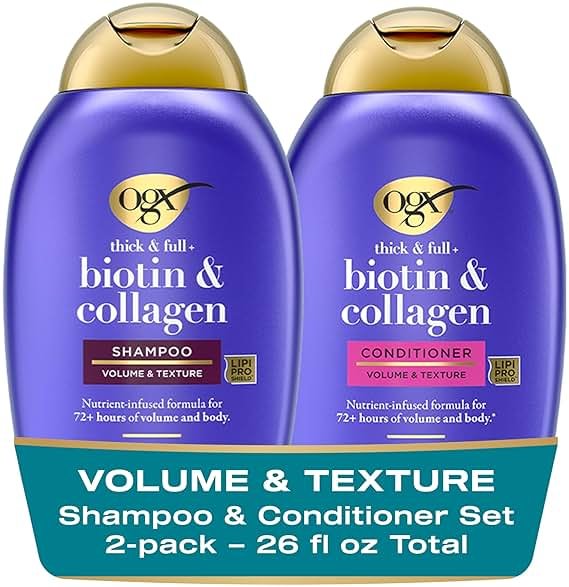 OGX Thick & Full + Biotin and Collagen for Hair Volume & Body, Sulfate Free Volumizing Shampoo & Conditioner Set for Fine & Thinning Hair, Nutrient-Infused, Vitamin B7, 13 fl oz, 2 Pack - Product Image