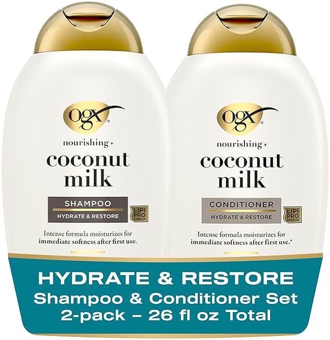 OGX Nourishing + Coconut Milk Sulfate Free Shampoo and Conditioner Set, Hydrates & Softens Hair, Lipi Pro Shield Technology, Creamy Coconut Milk White Peach & Shea Butter Scent, 2 Items, 2 x 13 fl oz - Product Image