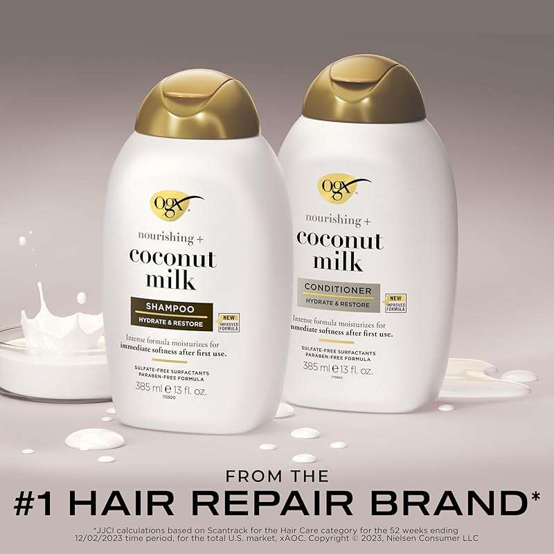 OGX Nourishing + Coconut Milk Sulfate Free Shampoo and Conditioner Set, Hydrates & Softens Hair, Lipi Pro Shield Technology, Creamy Coconut Milk White Peach & Shea Butter Scent, 2 Items, 2 x 13 fl oz - Image 3