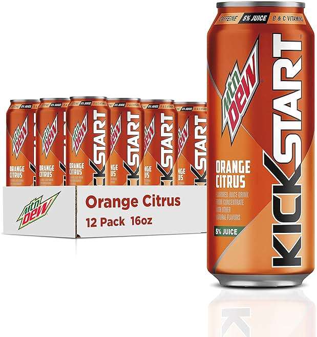 Mountain Dew Kickstart, Orange Citrus, 92mg Caffeine, Vitamins B & C, 80 Calories, 5% Juice, 16 Fl Oz (Pack of 12) - Image 1