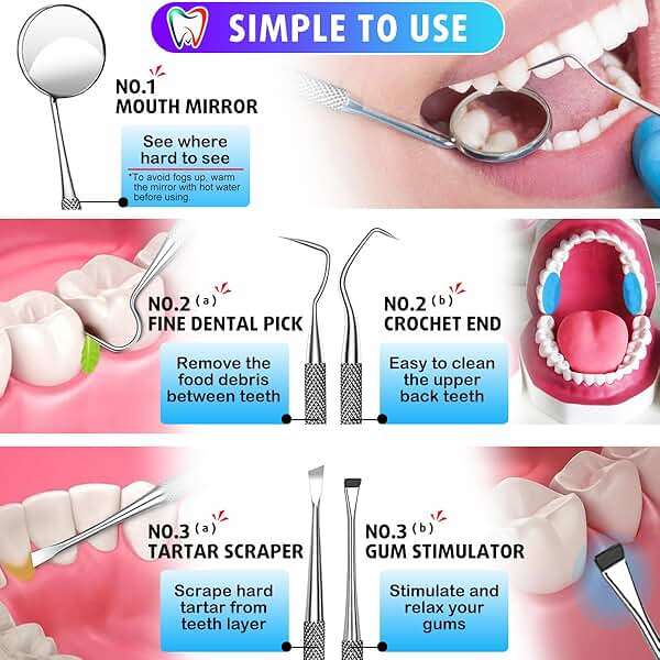 G.CATACC Dental Tools, Dental Pick Teeth Cleaning Tools Hygiene Kit, Plaque Remover for Teeth, Professional Stainless Steel Tooth Scraper Plaque Tartar Cleaner - with Case - Image 5