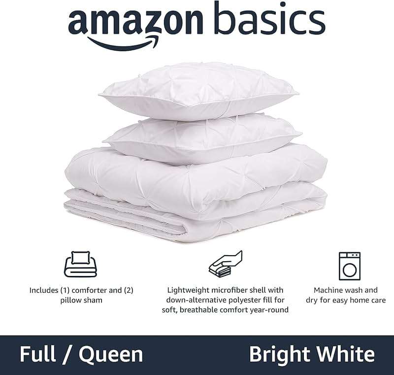 Amazon Basics Soft, Lightweight Down-Alternative Comforter Set, 3-Piece Pinch-Pleat Bedding Set with Piped Edges, Full/Queen Size, Bright White - Image 2