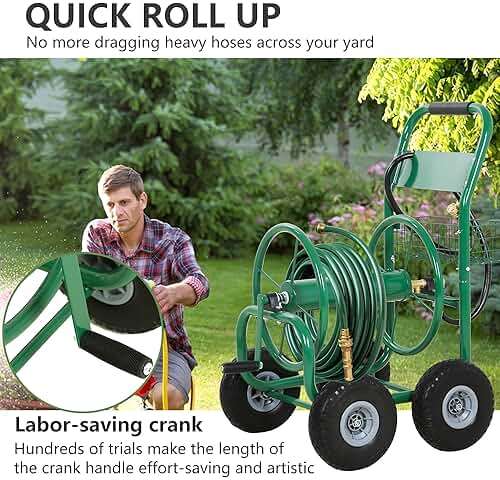 Hose Reel Hold Up To 300 Ft Heavy Duty Garden Hose Reel Sturdy Water Hose Reel Cart with 4 Wheels Storage Basket for Garden Lawn Yard Outdoor (Green) - Image 6