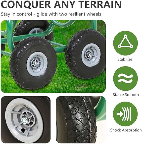 Hose Reel Hold Up To 300 Ft Heavy Duty Garden Hose Reel Sturdy Water Hose Reel Cart with 4 Wheels Storage Basket for Garden Lawn Yard Outdoor (Green) - Image 7