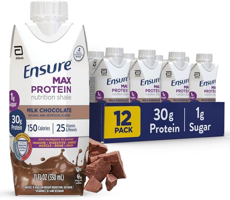 Ensure Max Protein Shake | Milk Chocolate | Ready to Drink | 30g Protein for Muscle Health | 1g Sugar, 4g Fiber | 11 fl oz, 12 Pack - Product Image