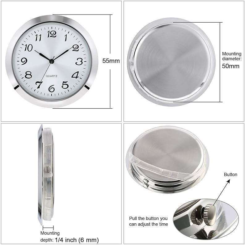2-1/8 Inch (55 mm) Quartz Clock Insert, Zinc-Alloy Metal Case, Arabic Numeral, White Face (Silver) - Image 4