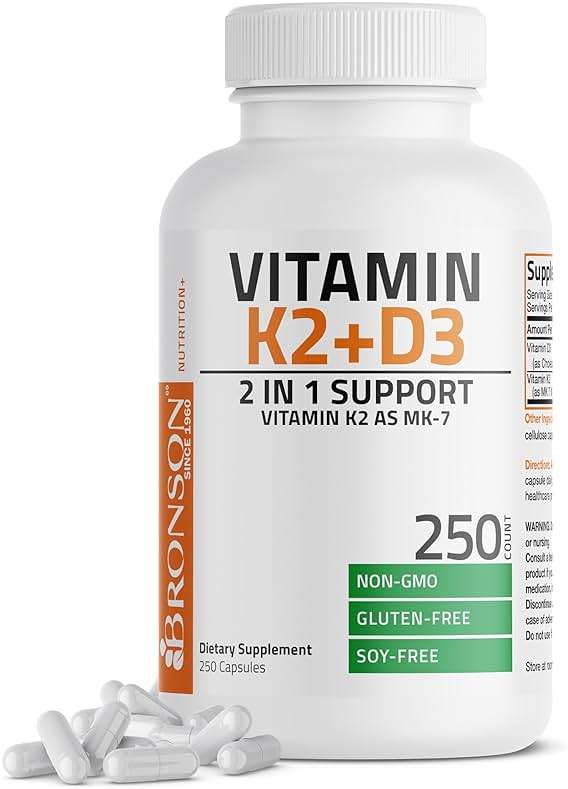 Bronson Vitamin K2 (MK7) with D3 Supplement Non-GMO Formula 5000 IU Vitamin D3 & 90 mcg K2 MK-7 Easy to Swallow D & K Complex, 250 Capsules - Image 1