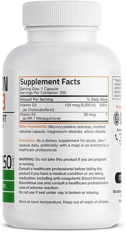 Bronson Vitamin K2 (MK7) with D3 Supplement Non-GMO Formula 5000 IU Vitamin D3 & 90 mcg K2 MK-7 Easy to Swallow D & K Complex, 250 Capsules - Image 2
