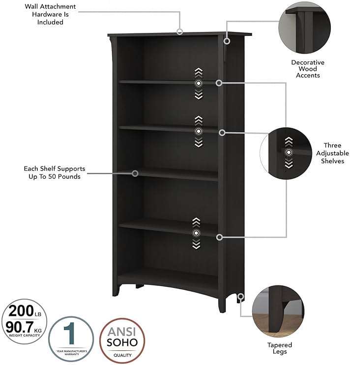 Bush Home Salinas 5 Shelf Bookcase in Vintage Black, Tall Bookshelf, Large Book Shelf for Living Room, Home Office, or Entryway - Image 4