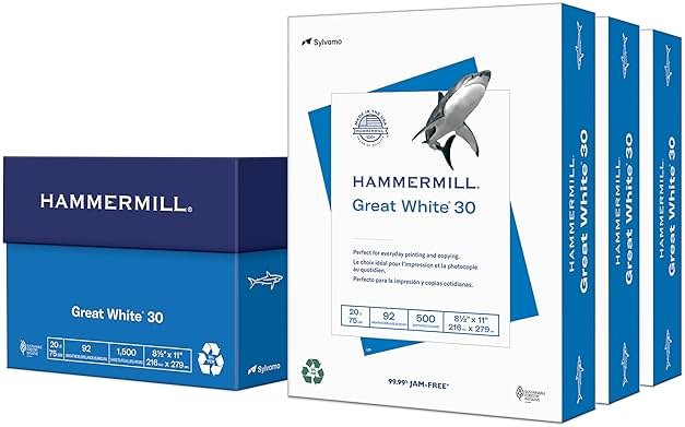 Hammermill Printer Paper, Great White 30% Recycled Paper, 8.5 x 11 - 3 Ream (1,500 Sheets) - 92 Bright, Made in the USA - Product Image