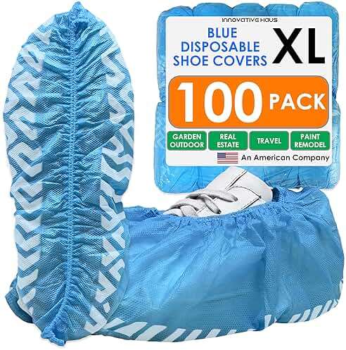 Innovative Haus Blue Indoor Disposable Shoe Covers - Disposable Non Slip Boot Covers - Indoor Reusable Booties - Treads - Water Resistant - 100 Pack, Extra Large - Image 1