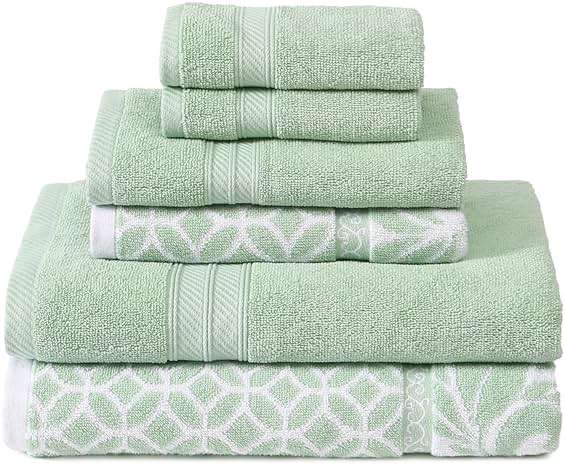 Modern Threads 6 Piece Bath Towel Set – Bathroom Set with 2 Bath Towels, 2 Hand Towels, and 2 Wash Cloths – 100% Cotton, Super Absorbent & Extra Soft – Reversible Botanical Vine (Sage Green) - Image 1