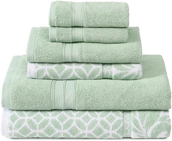 Modern Threads 6 Piece Bath Towel Set – Bathroom Set with 2 Bath Towels, 2 Hand Towels, and 2 Wash Cloths – 100% Cotton, Super Absorbent & Extra Soft – Reversible Botanical Vine (Sage Green) - Product Image