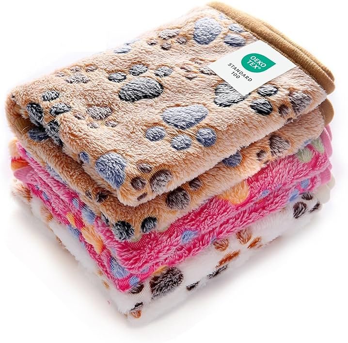 Luciphia 1 Pack 3 Blankets Super Soft Fluffy Premium Fleece Pet Blanket Flannel Throw for Dog Puppy Cat Paw Brown/Pink/White Large(41x31 inch) - Product Image