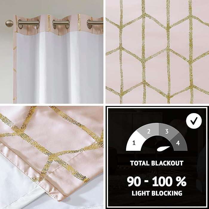 Intelligent Design Blackout Window Curtain, Light Blocking Curtains for Living Room, Thermal Insulated Window Panel with Metallic Print and Grommet Top, 50"x84", Blush/Gold, 1 Piece - Image 3