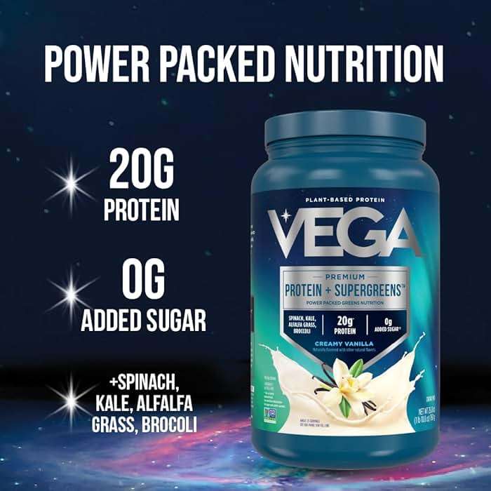 Vega Premium Protein + Supergreens, Creamy Vanilla – 20g Vegan Protein, Dairy & Gluten Free, 26.9 oz (25 Servings) - Image 3