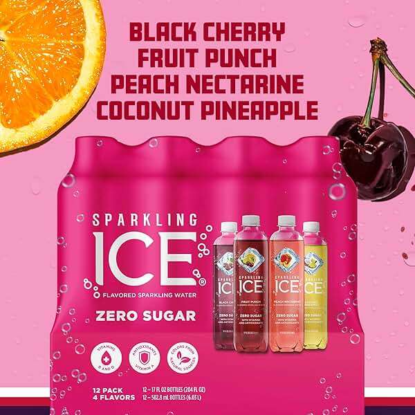 Sparkling Ice Pink Variety Pack, Flavored Sparkling Water, Zero Sugar, and Vitamins and Antioxidants, 17 fl oz, 12 count (Black Cherry, Peach Nectarine, Coconut Pineapple, Fruit Punch) - Image 4
