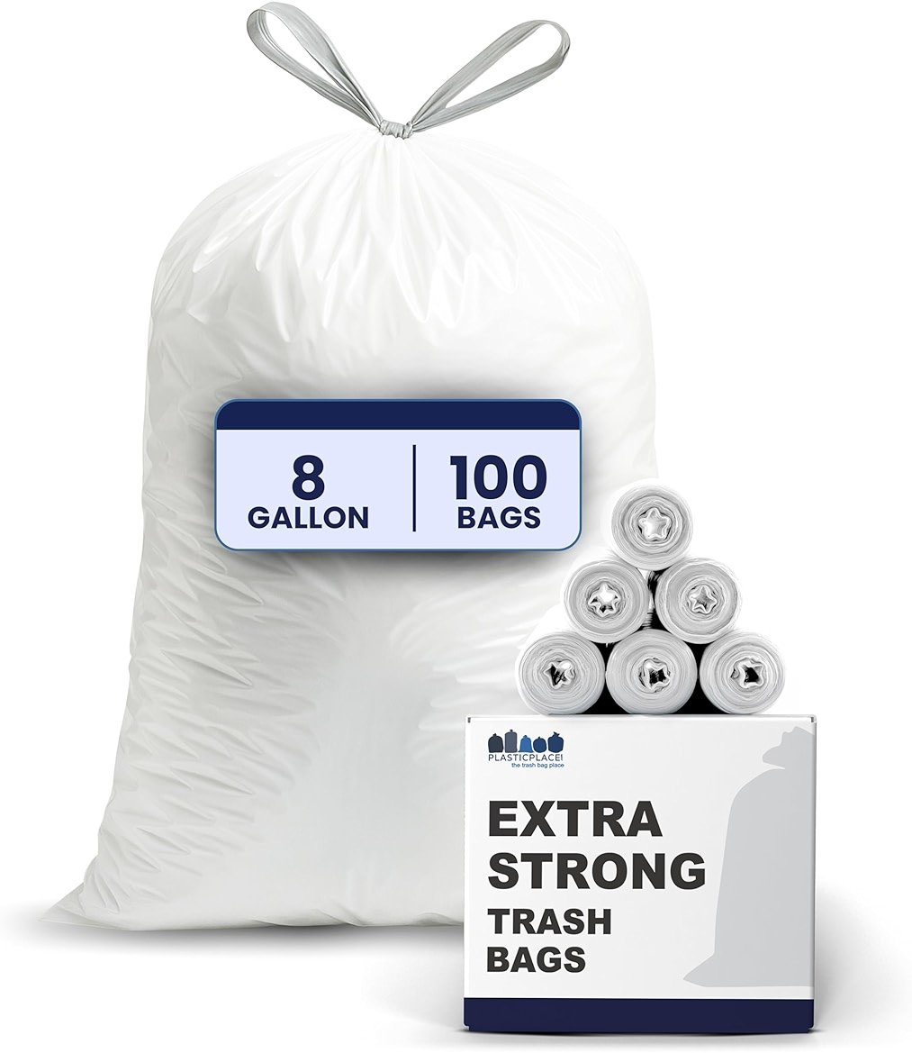 Plasticplace 8 Gallon Trash Bags: Premium White Drawstring Garbage Bag, 0.7 Mil Thickness, Durable Trash Can Liners, Garbage Bags for your Trash Can, Ring Size 22" x 22" (Pack of 100) - Product Image