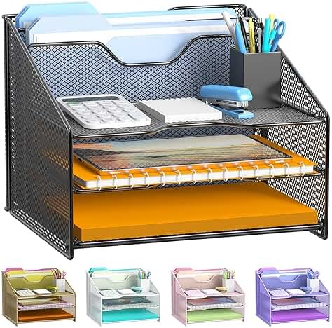 Samstar Desk File Organizer, Mesh Letter File Folder Holder with 3 Paper Trays and 2 Vertical Upright Section, for Office Supplies,Desk Accessories & Workspace,Black. - Product Image