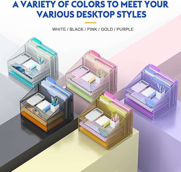 Samstar Desk File Organizer, Mesh Letter File Folder Holder with 3 Paper Trays and 2 Vertical Upright Section, for Office Supplies,Desk Accessories & Workspace,Black. - Image 4