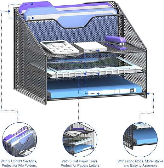 Samstar Desk File Organizer, Mesh Letter File Folder Holder with 3 Paper Trays and 2 Vertical Upright Section, for Office Supplies,Desk Accessories & Workspace,Black. - Image 5