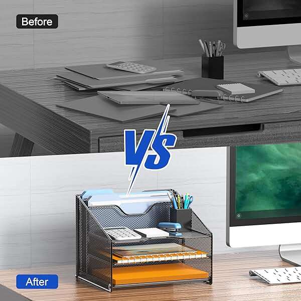 Samstar Desk File Organizer, Mesh Letter File Folder Holder with 3 Paper Trays and 2 Vertical Upright Section, for Office Supplies,Desk Accessories & Workspace,Black. - Image 6