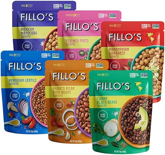 Fillo's Ready to Eat Variety Pack | Black Beans, Lentils, Pinto Beans, Mayocoba Beans | Gluten-Free, Preservative-Free, Microwavable Meals, Non-GMO, Vegan, Plant Protein, 10 oz Pk of 6 - Product Image