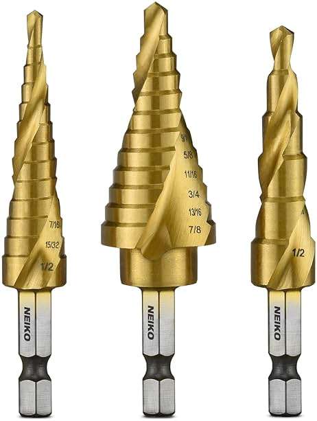 NEIKO 10181A Step Drill Bit Set, 3 Piece, Spiral Grooved for Faster Drilling, Step Bits for Stainless Steel, Metal, Wood, Plastic, Unibit Cone Drill Bits with 31 Step Sizes Total - Image 1