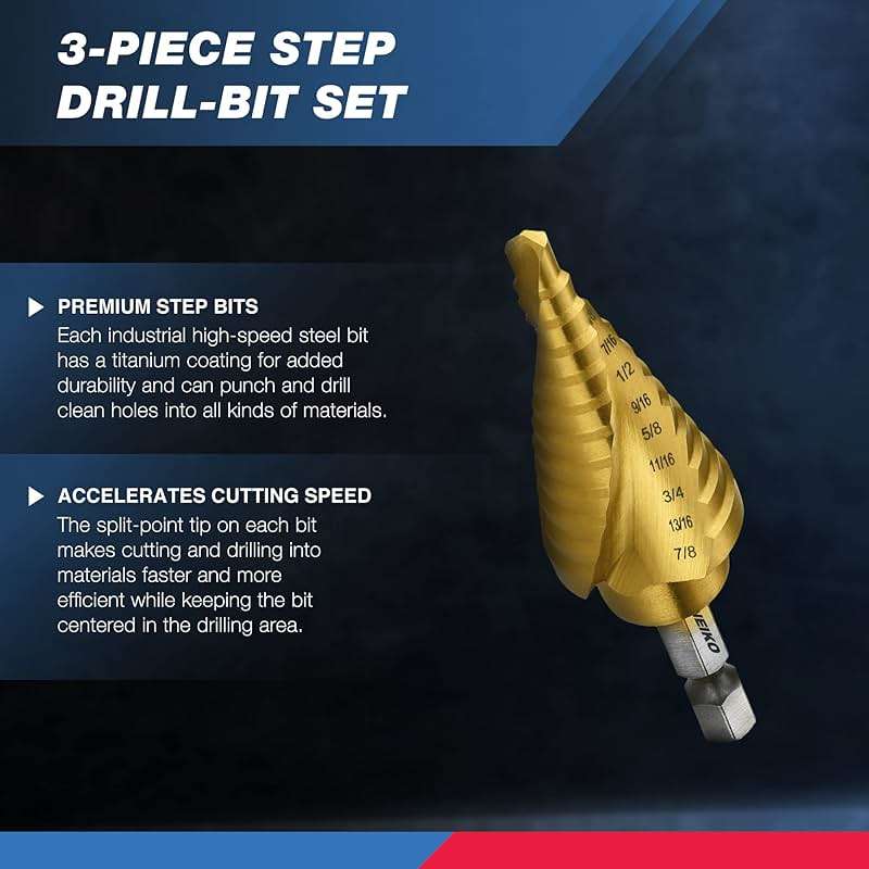 NEIKO 10181A Step Drill Bit Set, 3 Piece, Spiral Grooved for Faster Drilling, Step Bits for Stainless Steel, Metal, Wood, Plastic, Unibit Cone Drill Bits with 31 Step Sizes Total - Image 2