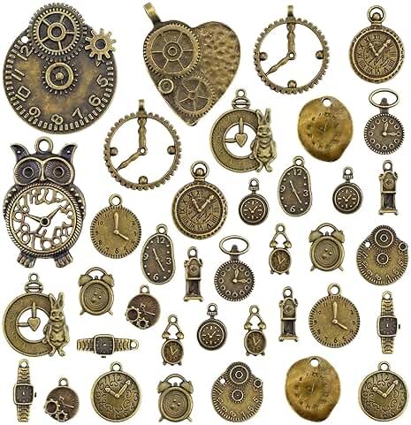 JIALEEY Antiqued Bronze Clock Face Charm Pendant, Wholesale Bulk Lots Mixed Gears Steampunk Charms Pendants DIY for Necklace Bracelet Jewelry Making and Crafting, 100g(38PCS) - Product Image