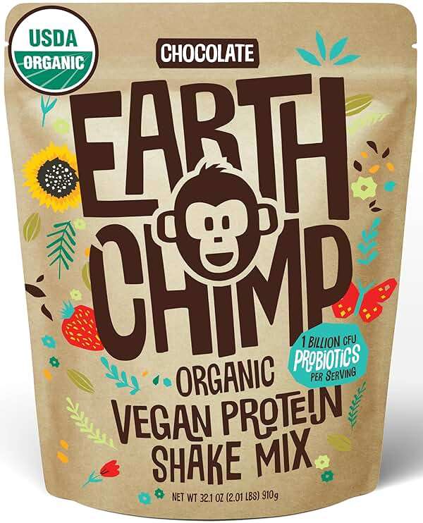 EarthChimp Organic Vegan Protein Powder - with Probiotics - Non GMO, Dairy Free, Non Whey, Plant Based Protein Powder for Women and Men, Gluten Free - 26 Servings 32 Oz (Chocolate) - Image 1
