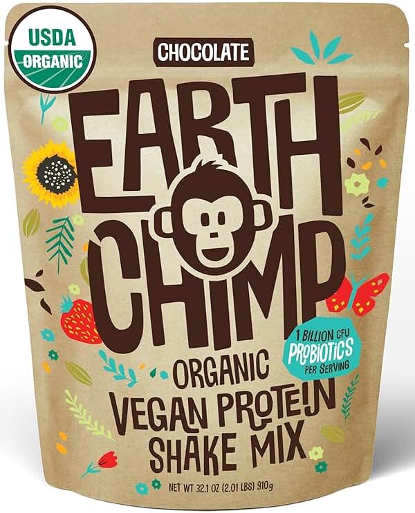 EarthChimp Organic Vegan Protein Powder - with Probiotics - Non GMO, Dairy Free, Non Whey, Plant Based Protein Powder for Women and Men, Gluten Free - 26 Servings 32 Oz (Chocolate) - Product Image
