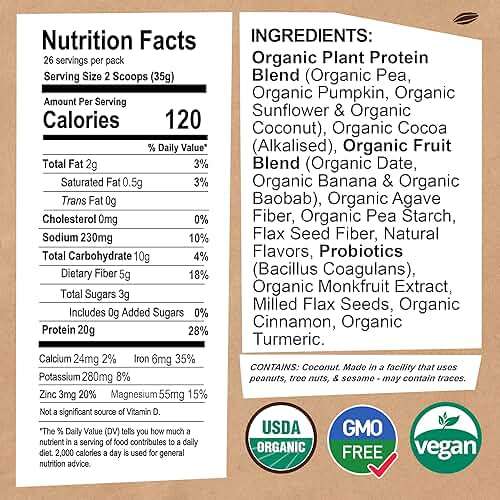 EarthChimp Organic Vegan Protein Powder - with Probiotics - Non GMO, Dairy Free, Non Whey, Plant Based Protein Powder for Women and Men, Gluten Free - 26 Servings 32 Oz (Chocolate) - Image 2