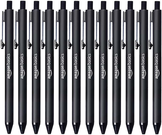 Amazon Basics Retractable Ballpoint Pens with Comfortable Grip for Smooth Writing, Black, Note-Taking, Office and School Supplies, 12-Pack - Product Image