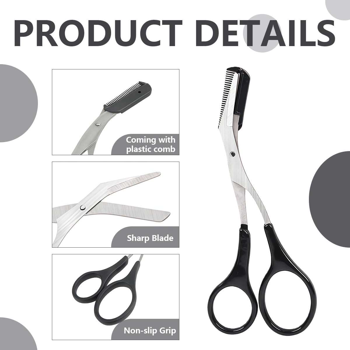 ericotry Professional Precision Eyebrow Trimmer Scissors Scissors with Comb and Non Slip Finger Grips Black Silver Tone for Men Women Hair Removal Grooming Shaping Black - Image 3