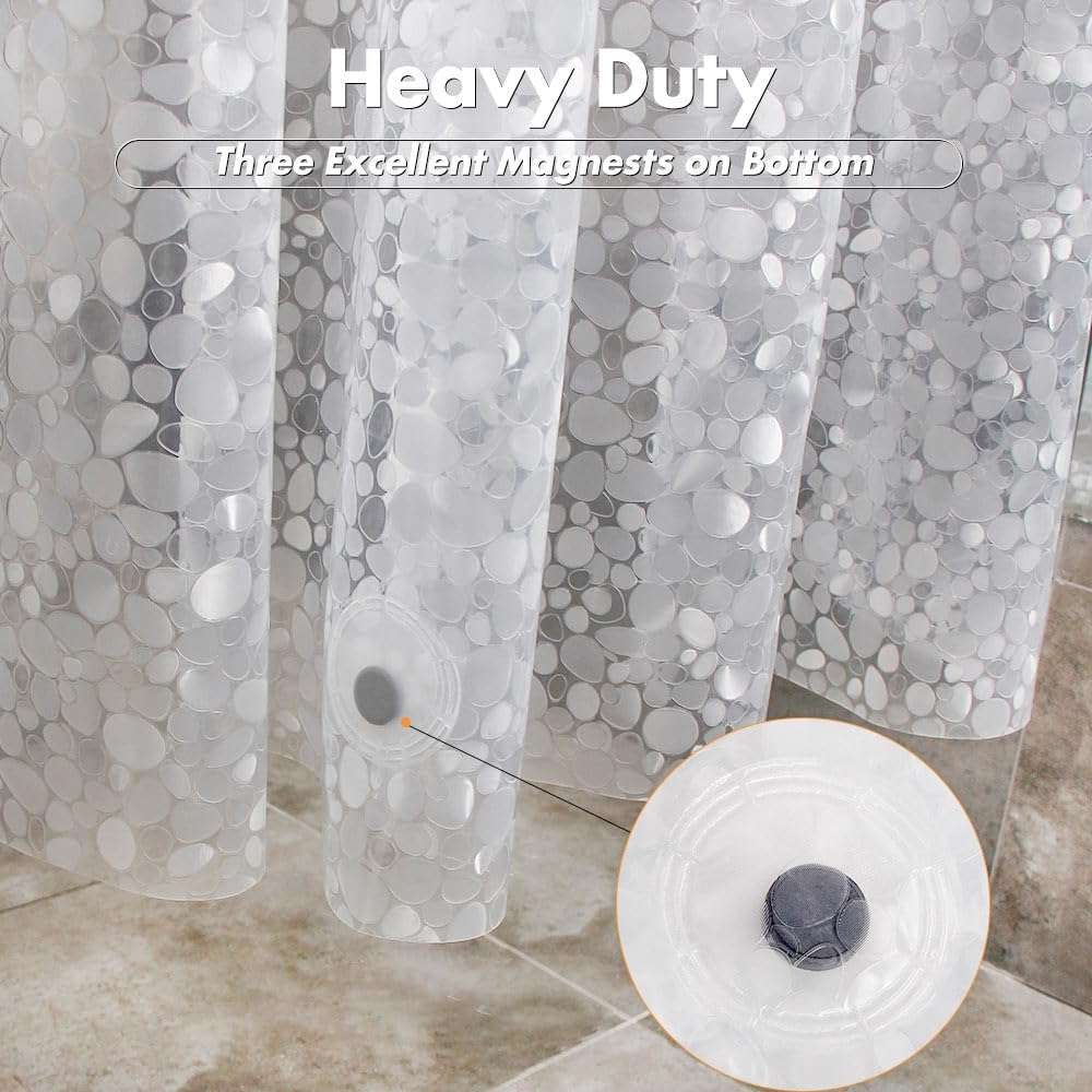 WELTRXE Shower Curtain Liner Waterproof, 8G Thick EVA, Heavy Duty Shower Liner with Magnets, 3D Pebble Bath Curtain for Stall, Bathtubs Bathroom, 72 x 72, 12 Hooks - Image 3