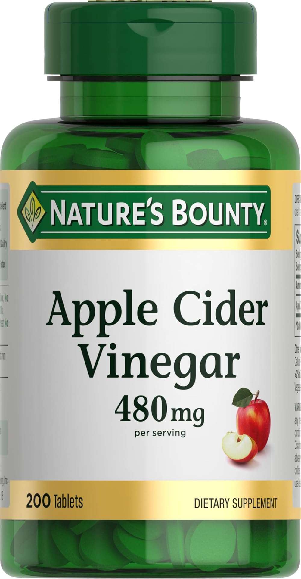 Nature's Bounty Apple Cider Vinegar 480mg Pills, Vegetarian Supplement Plant Based, 200 Tablets - Image 1