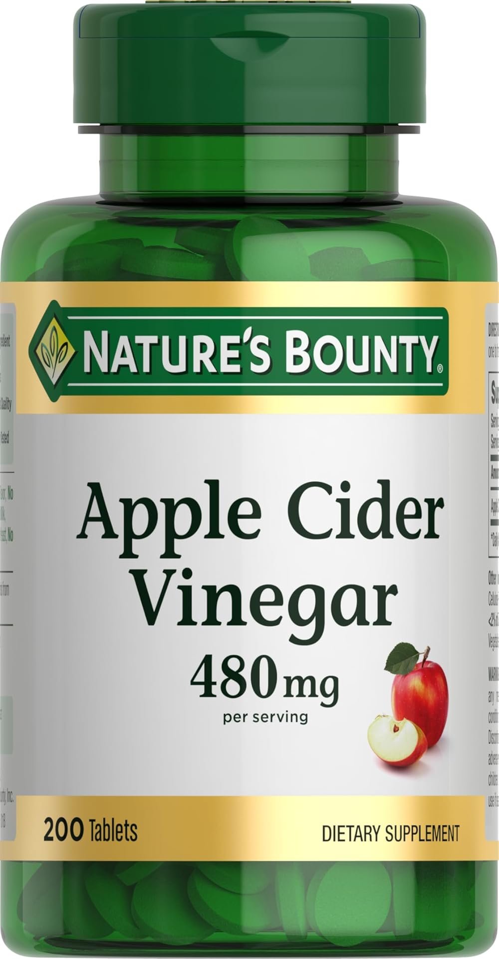 Nature's Bounty Apple Cider Vinegar 480mg Pills, Vegetarian Supplement Plant Based, 200 Tablets - Product Image