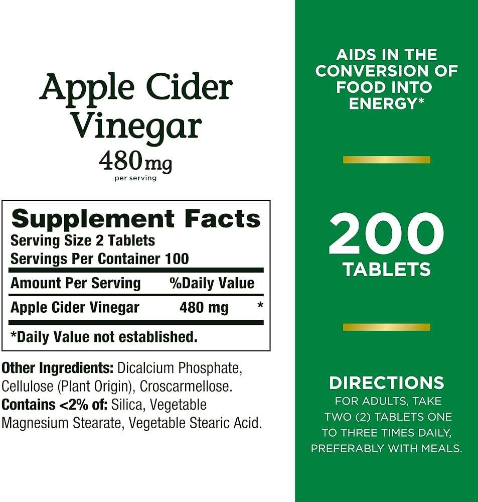 Nature's Bounty Apple Cider Vinegar 480mg Pills, Vegetarian Supplement Plant Based, 200 Tablets - Image 2
