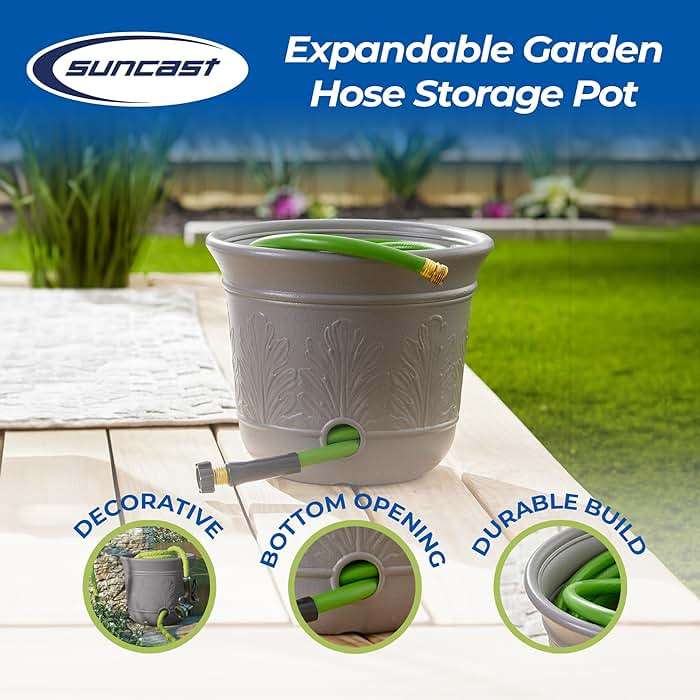 Suncast 300 Foot Heavy Duty 5 Gallon Decorative Plastic Hose Pot for Expandable and Lightweight Hoses, Ideal for Garden, Patio and Backyard Use - Image 4