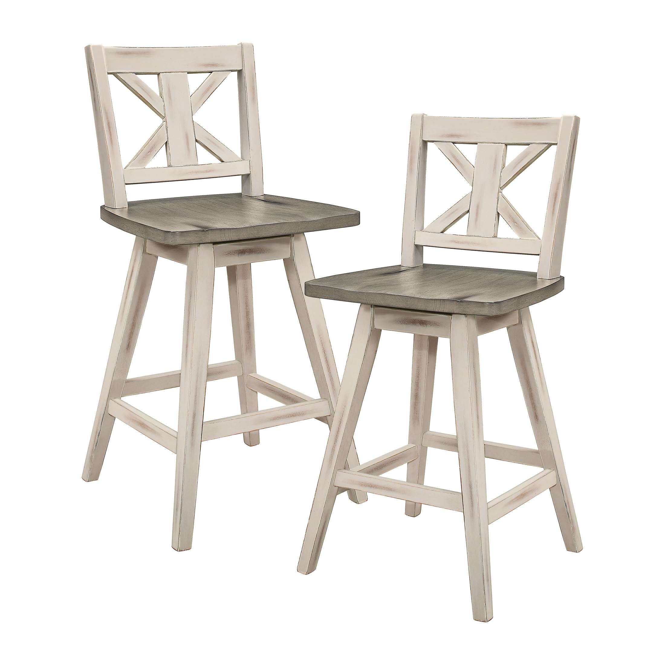 Counter Height Stools Set of 2 - Solid Wood Frame 360° Swivel Wooden Stools Counter Height, Foot Rest, X Back, Wide Seat, Farmhouse, Easy to Clean, 24 Inch High Seat, Distressed Gray/White - Image 1