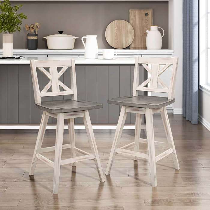 Counter Height Stools Set of 2 - Solid Wood Frame 360° Swivel Wooden Stools Counter Height, Foot Rest, X Back, Wide Seat, Farmhouse, Easy to Clean, 24 Inch High Seat, Distressed Gray/White - Image 2