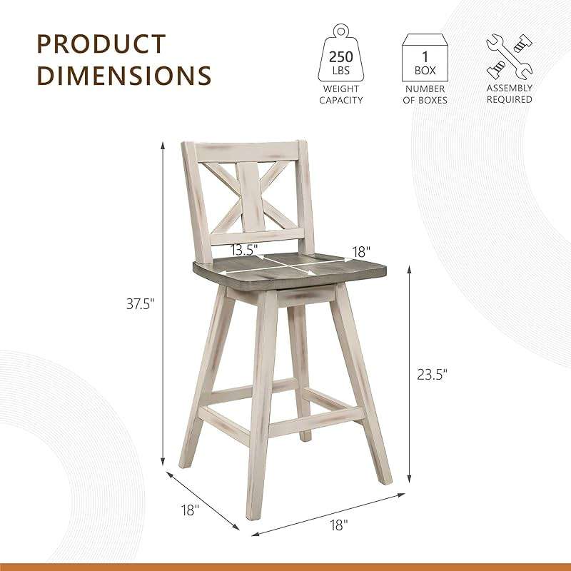 Counter Height Stools Set of 2 - Solid Wood Frame 360° Swivel Wooden Stools Counter Height, Foot Rest, X Back, Wide Seat, Farmhouse, Easy to Clean, 24 Inch High Seat, Distressed Gray/White - Image 3
