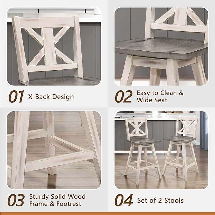 Counter Height Stools Set of 2 - Solid Wood Frame 360° Swivel Wooden Stools Counter Height, Foot Rest, X Back, Wide Seat, Farmhouse, Easy to Clean, 24 Inch High Seat, Distressed Gray/White - Image 5