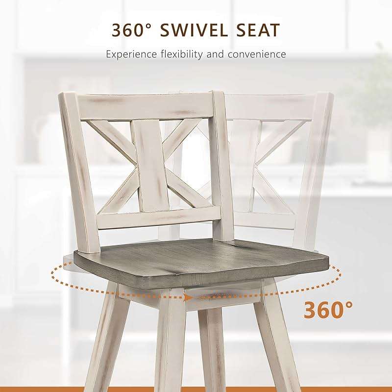 Counter Height Stools Set of 2 - Solid Wood Frame 360° Swivel Wooden Stools Counter Height, Foot Rest, X Back, Wide Seat, Farmhouse, Easy to Clean, 24 Inch High Seat, Distressed Gray/White - Image 6